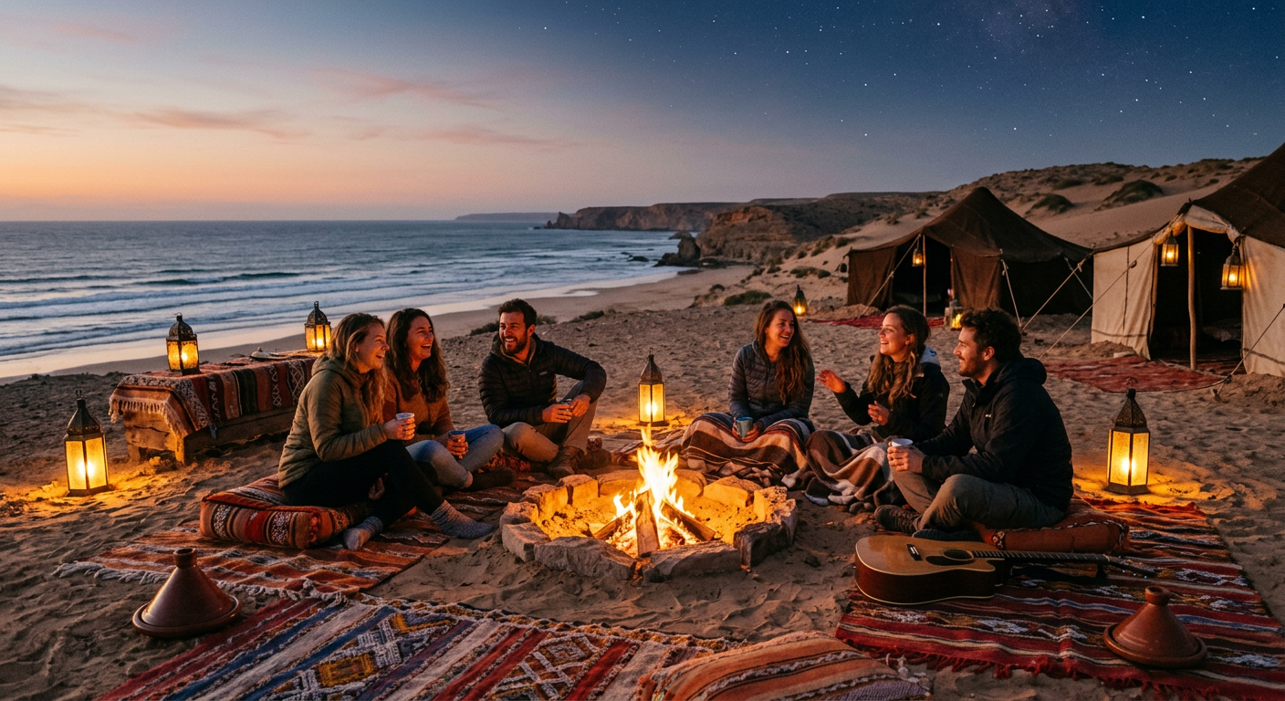 Friends gathered around a fire at a desert camp near the ocean