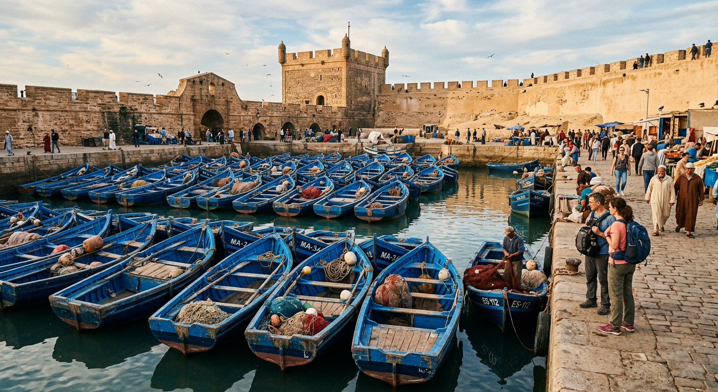 Blue fishing boats in Essaouira harbour with stone ramparts