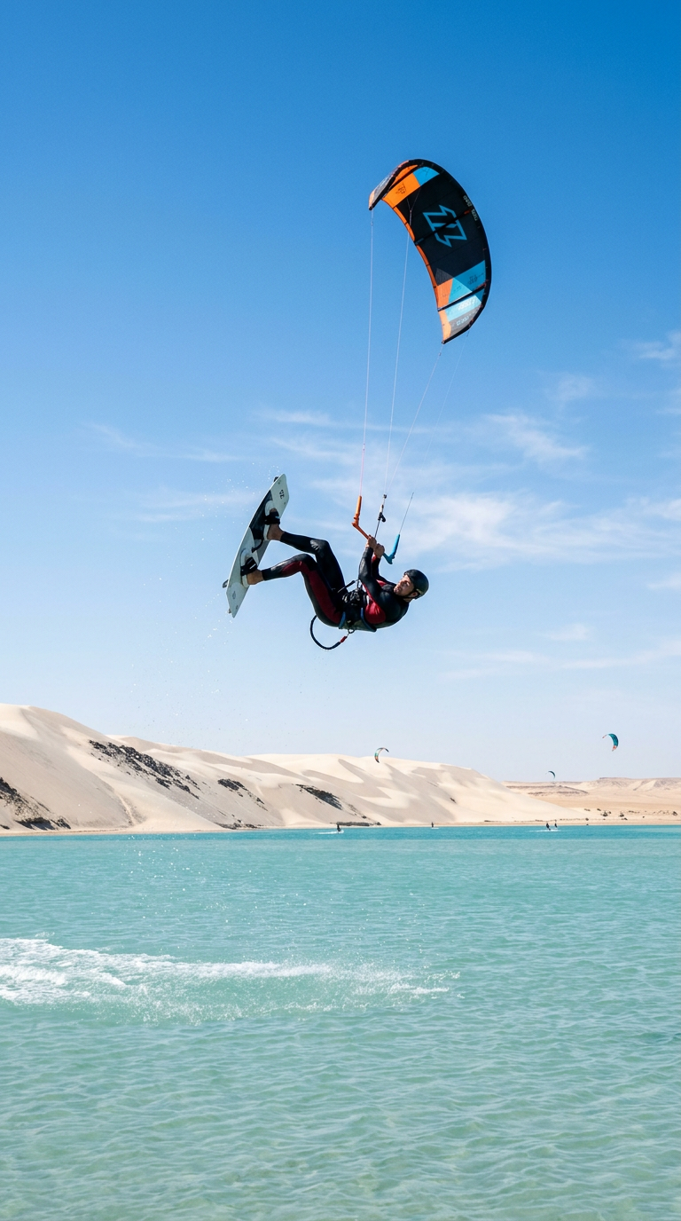 Kitesurfer jumping above the turquoise Dakhla lagoon with desert dunes behind