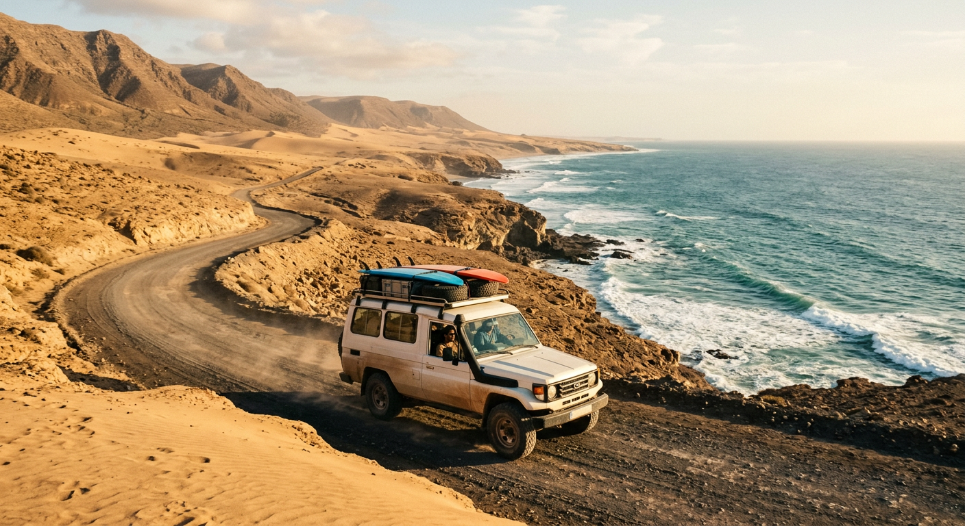 4x4 with surfboards on the roof driving a coastal desert road in southern Morocco