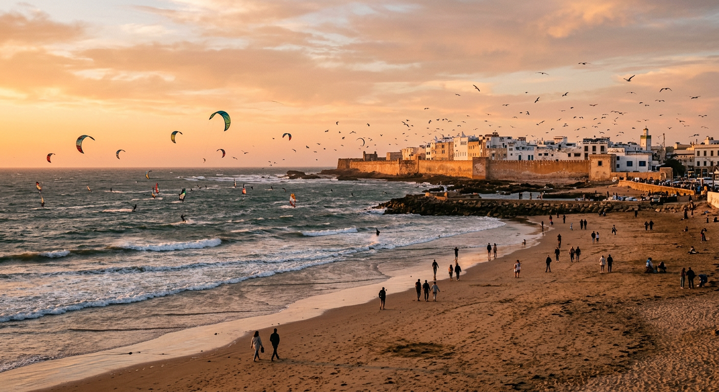 Kitesurfers on the Atlantic at Essaouira beach with the historic medina ramparts behind