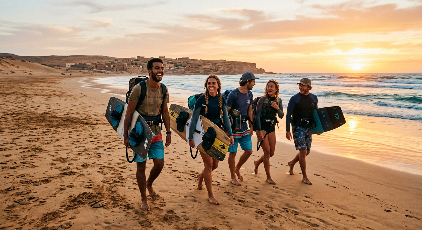 Friends carrying kites and boards along a Moroccan desert beach at sunset