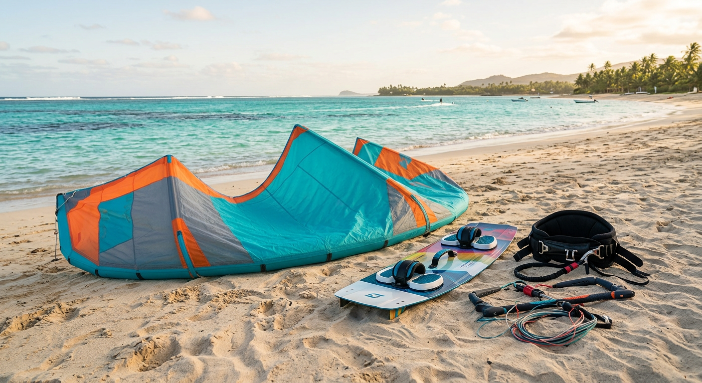 Kite, board and harness laid out on the sand by the lagoon