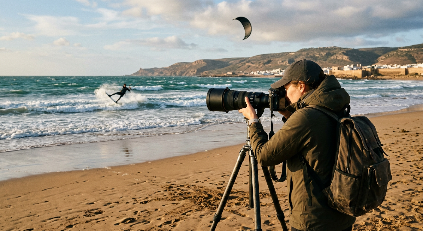 Photographer on the beach capturing a kitesurfer on the Atlantic