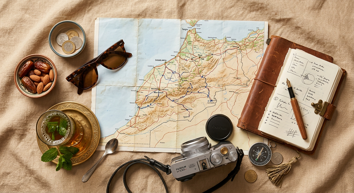 Paper map of Morocco with a camera, notebook and mint tea ready for trip planning